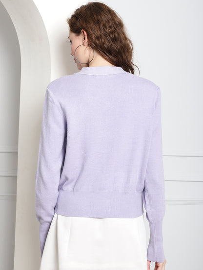 Purple Front-Open V-Neck Cardigan