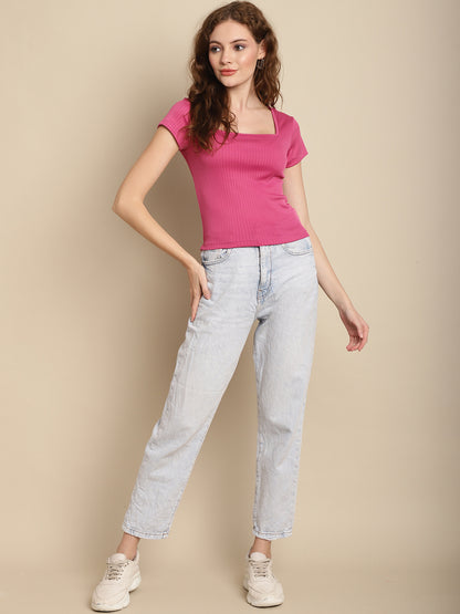 Short Sleeve Square Neck Dark Pink Summer Top