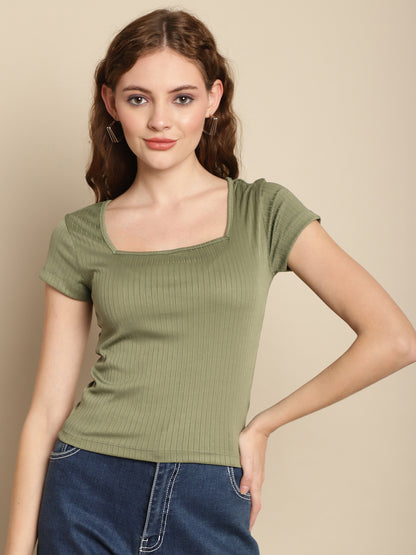 Short Sleeve Square Neck Green Summer Top