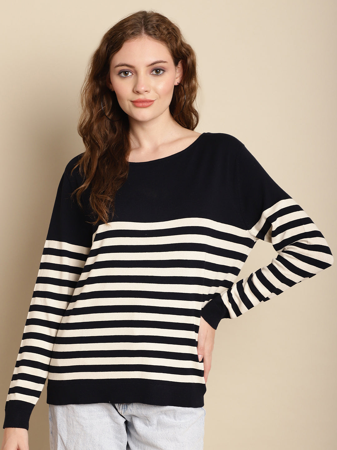 Viscose Round Neck Full Sleeve Dark Blue Striped Top