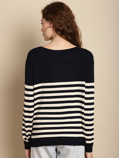 Viscose Round Neck Full Sleeve Dark Blue Striped Top