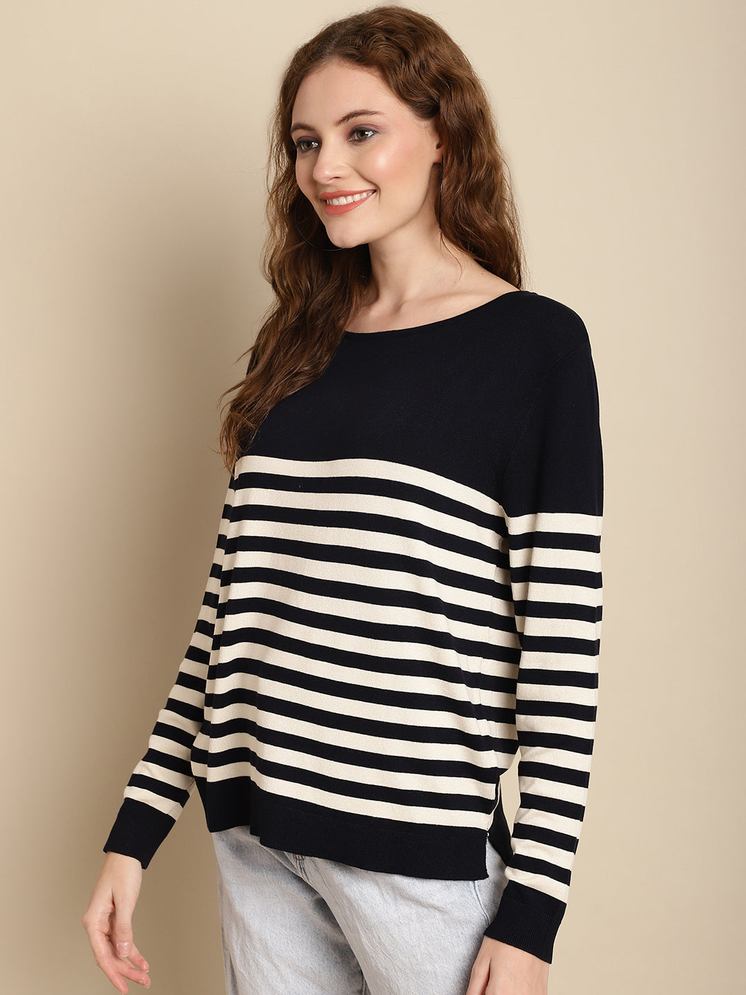 Viscose Round Neck Full Sleeve Dark Blue Striped Top