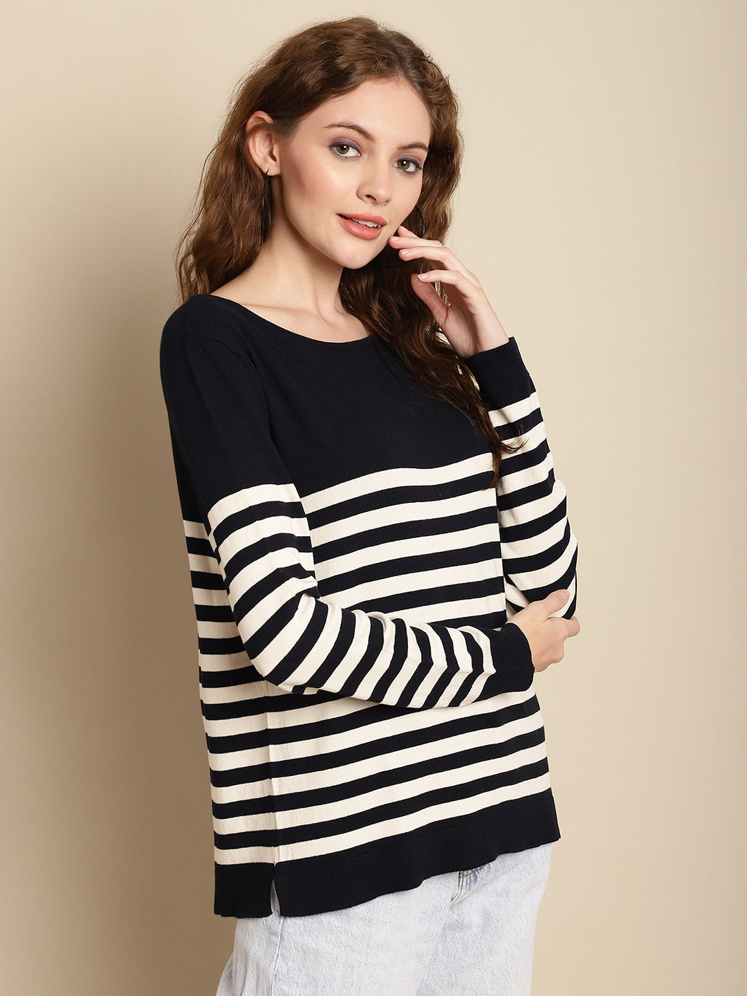 Viscose Round Neck Full Sleeve Dark Blue Striped Top