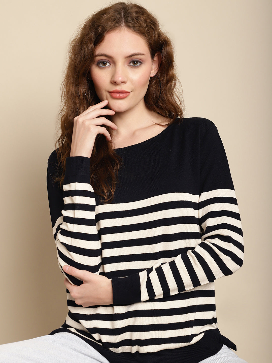 Viscose Round Neck Full Sleeve Dark Blue Striped Top