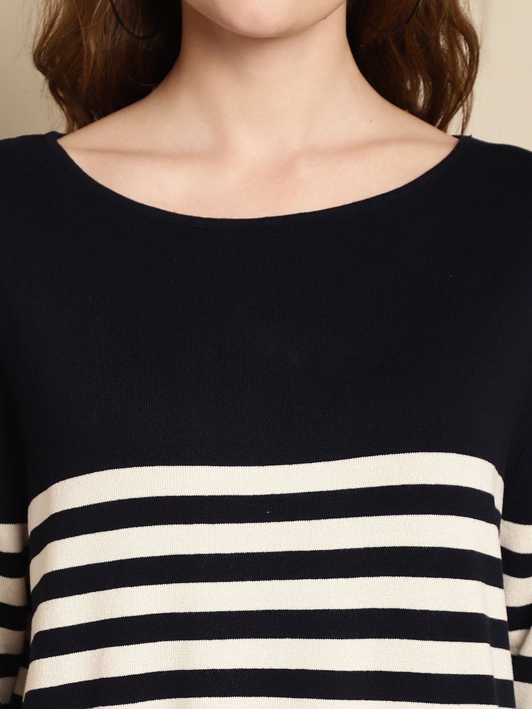 Viscose Round Neck Full Sleeve Dark Blue Striped Top