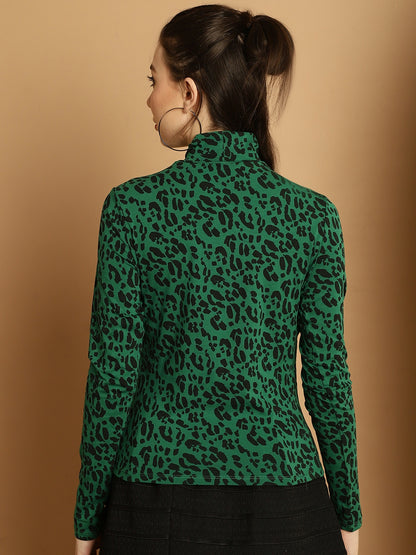 High-Neck Full Sleeve Green Printed Top