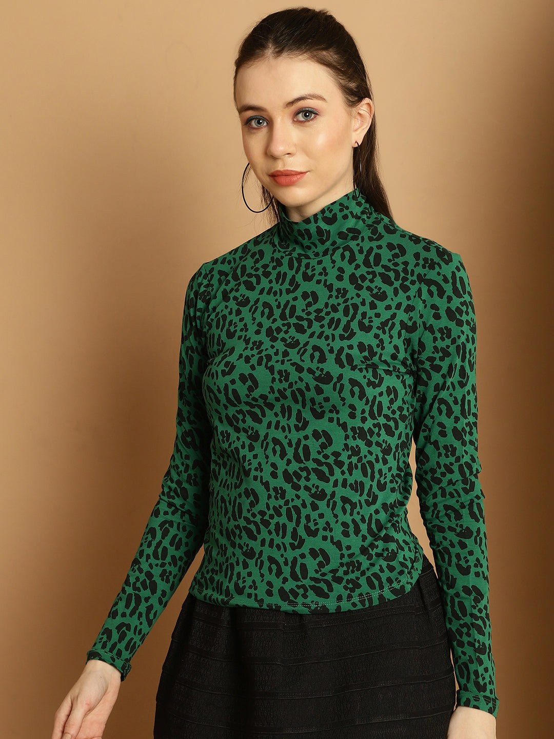 High-Neck Full Sleeve Green Printed Top