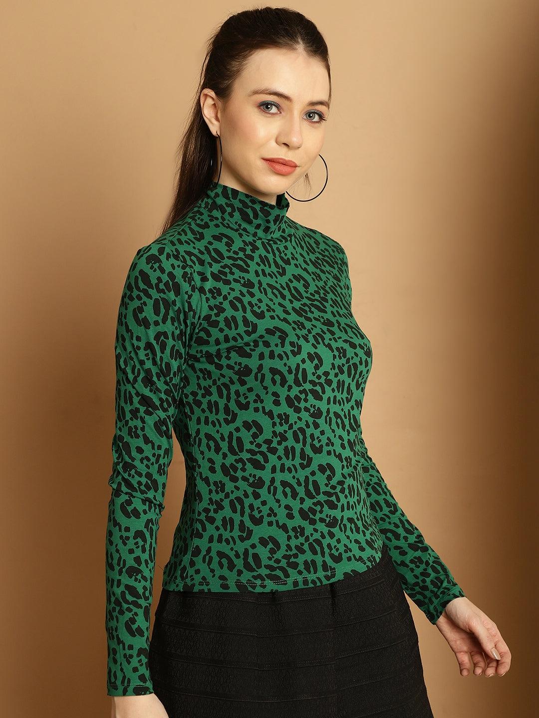 High-Neck Full Sleeve Green Printed Top