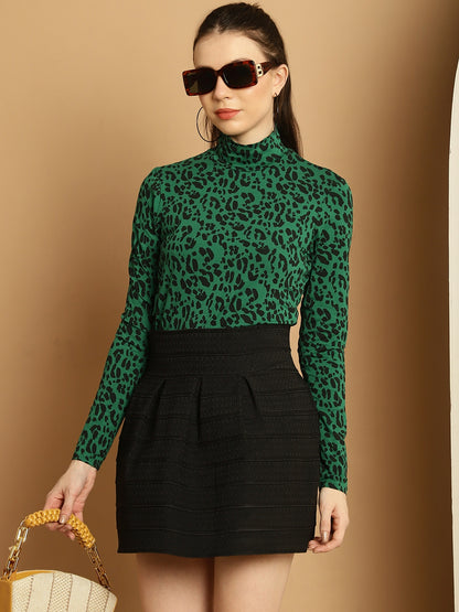 High-Neck Full Sleeve Green Printed Top