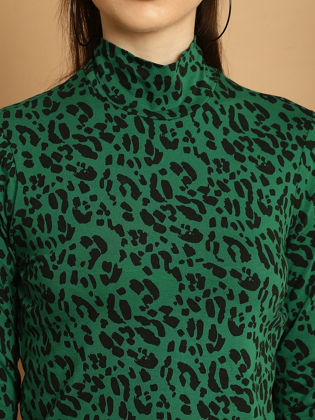 High-Neck Full Sleeve Green Printed Top