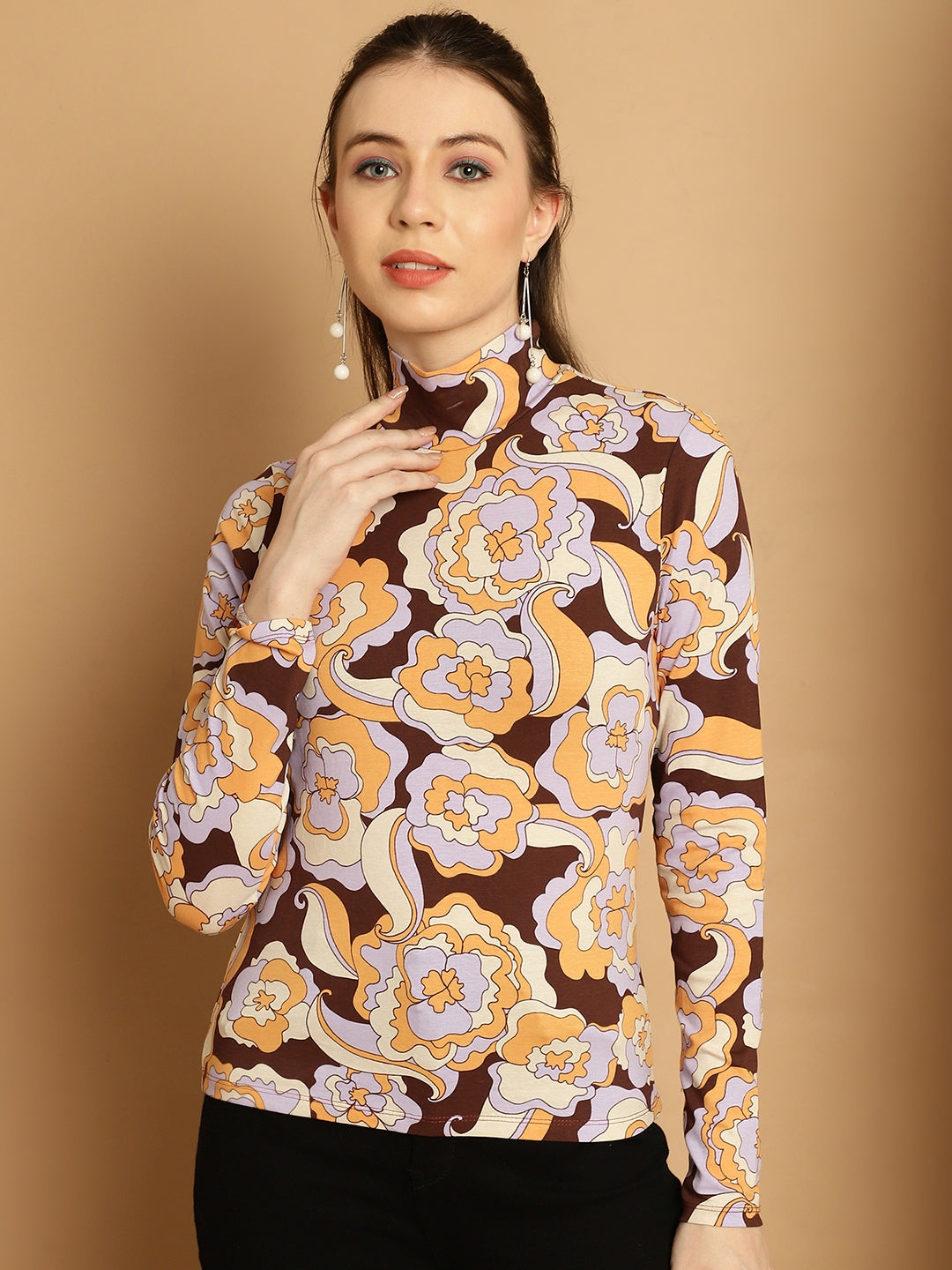 High-Neck Full Sleeve Mustard Abstract Top