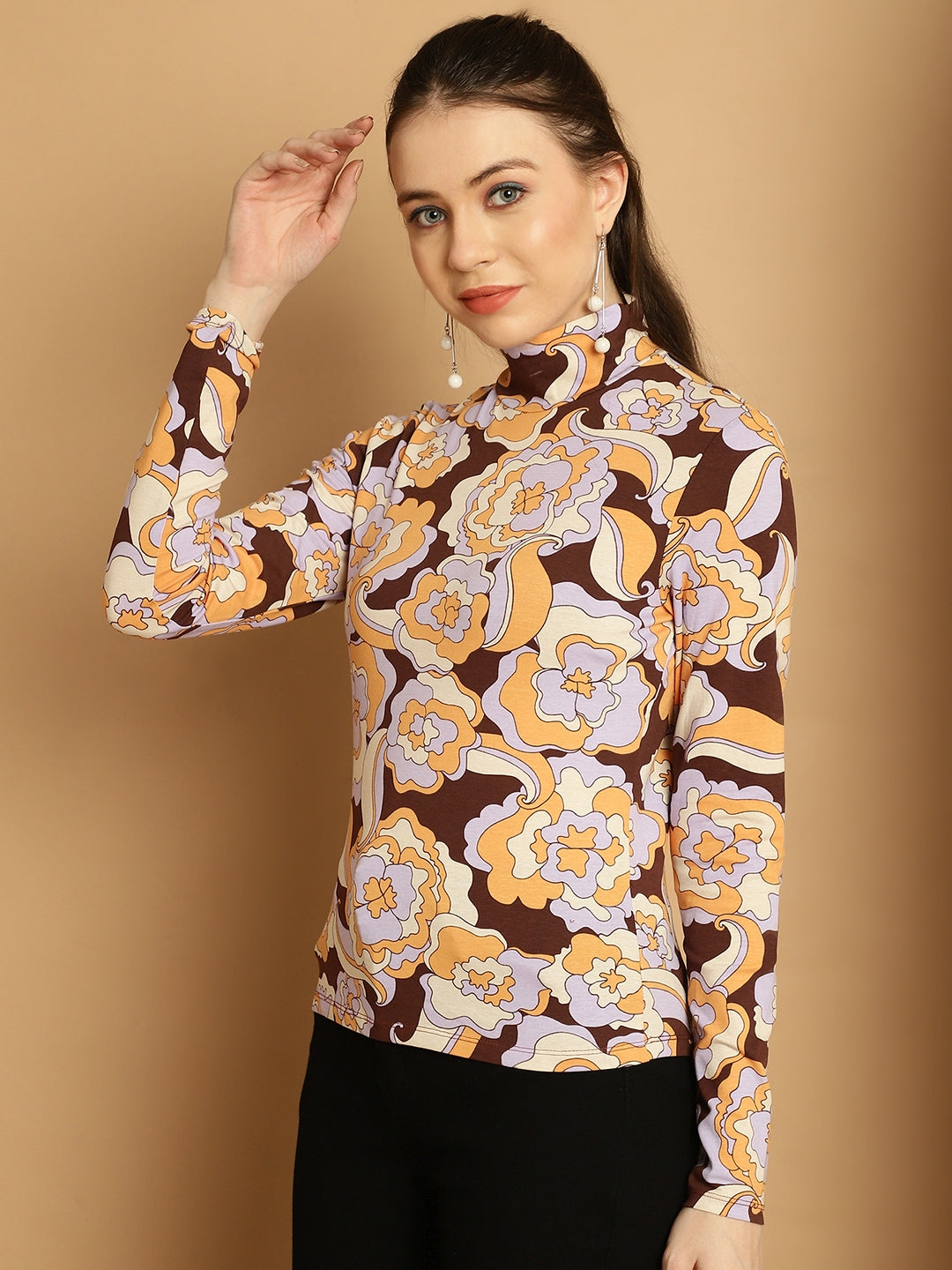 High-Neck Full Sleeve Mustard Abstract Top