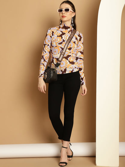 High-Neck Full Sleeve Mustard Abstract Top