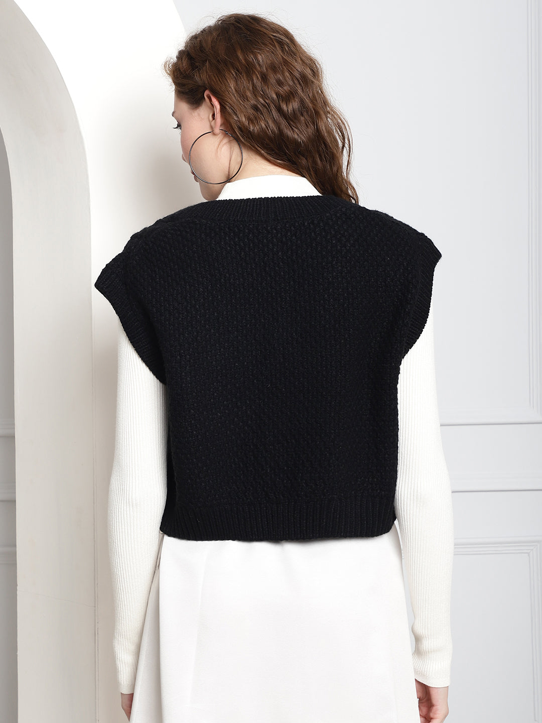 Black Acrylic Knitted V-Neck Sweater Vest