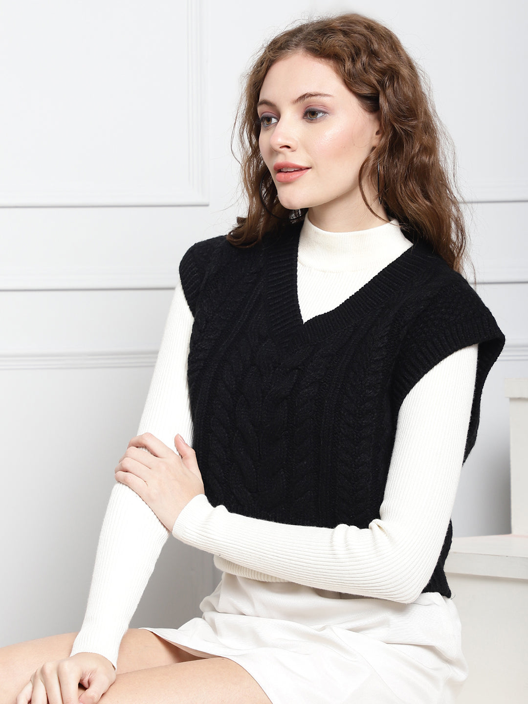 Black Acrylic Knitted V-Neck Sweater Vest