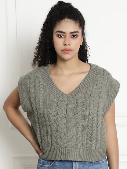 Cable Knit V-Neck Vest Light Green Sweater