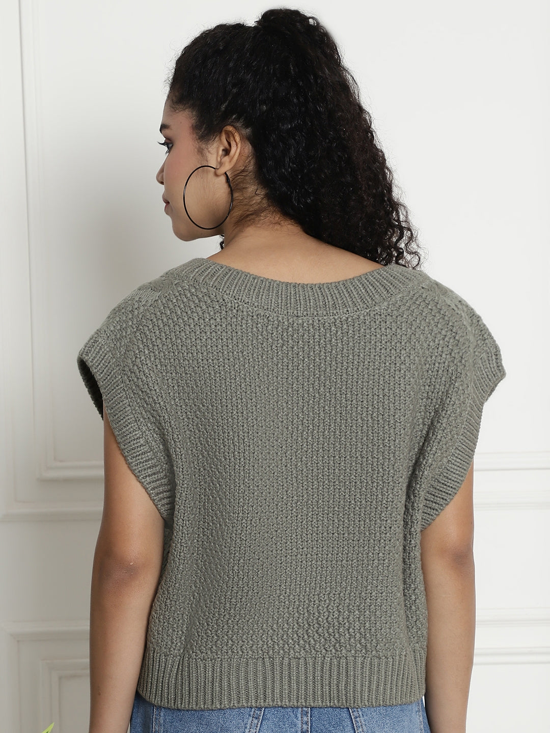 Cable Knit V-Neck Vest Light Green Sweater