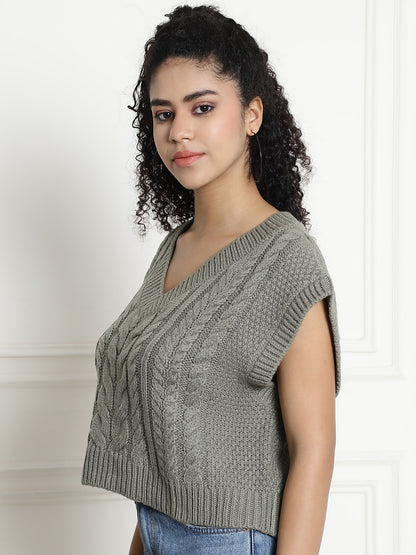 Cable Knit V-Neck Vest Light Green Sweater