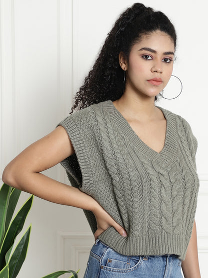 Cable Knit V-Neck Vest Light Green Sweater