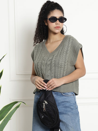 Cable Knit V-Neck Vest Light Green Sweater