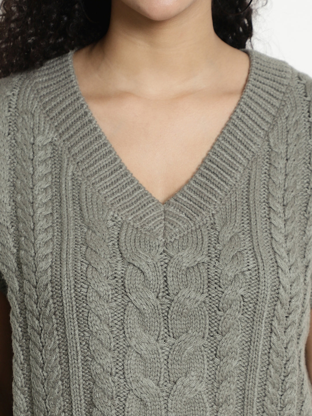 Cable Knit V-Neck Vest Light Green Sweater