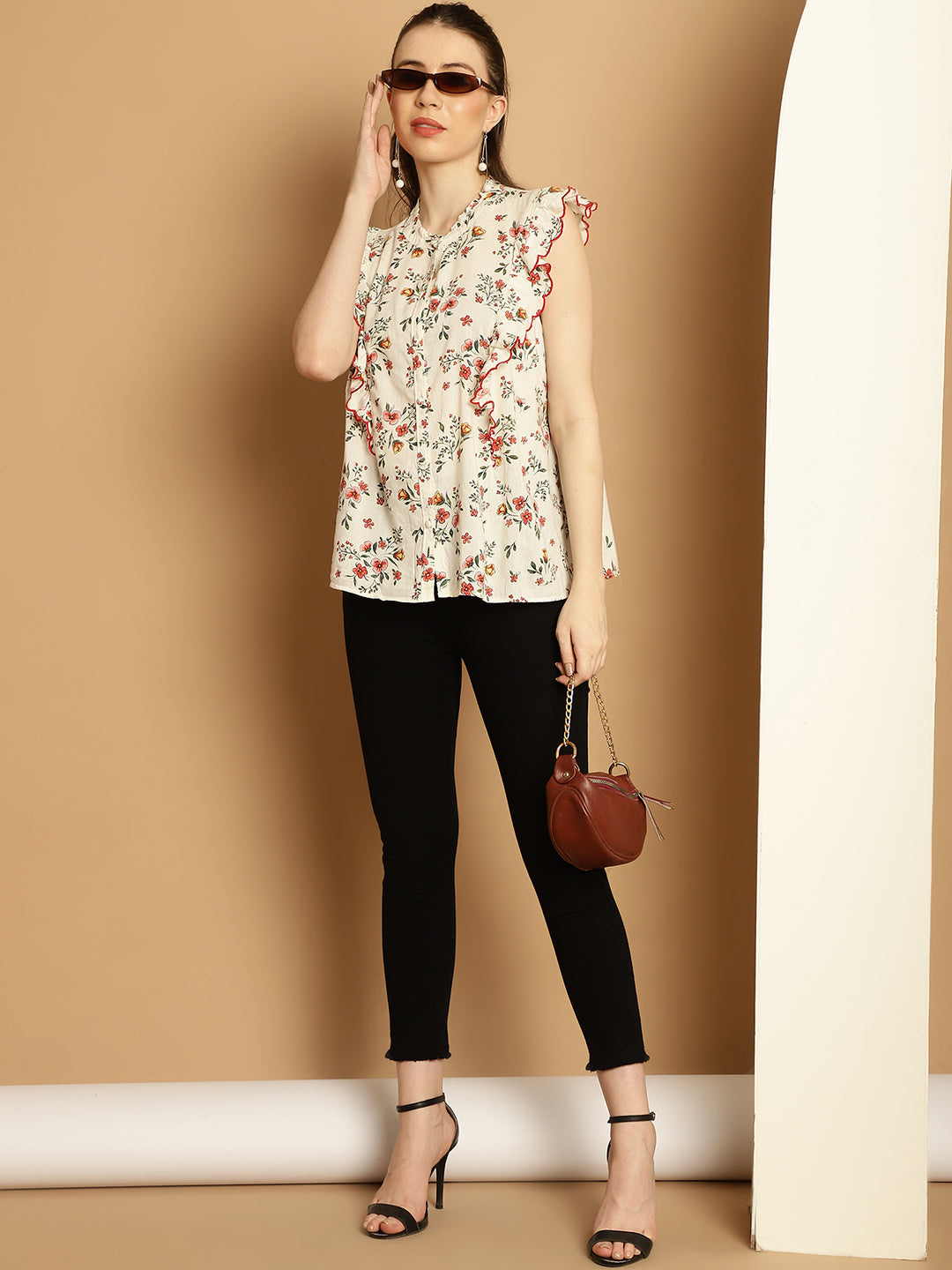 Round Neck White Printed Top