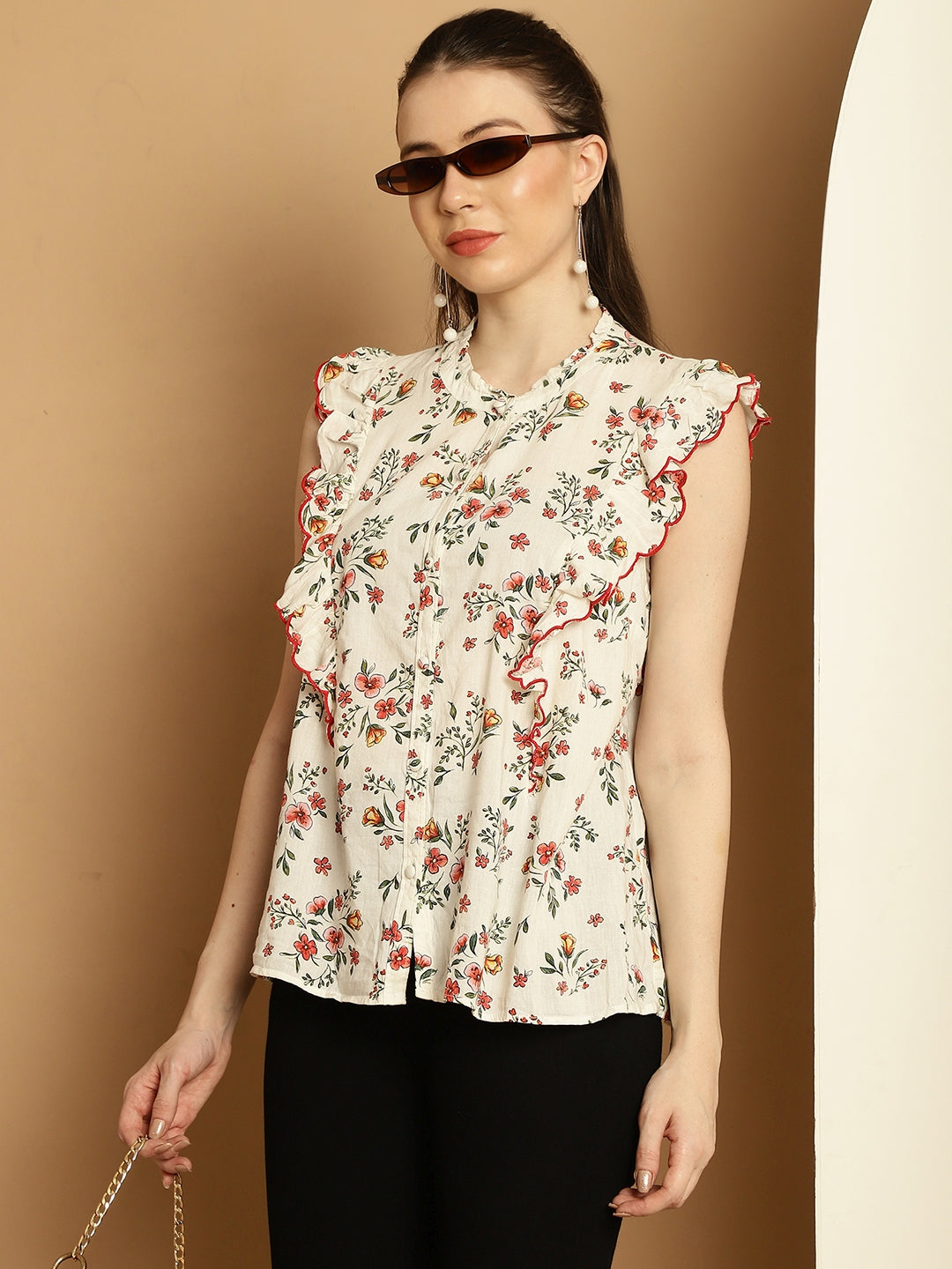 Round Neck White Printed Top