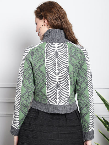 High-Neck printed Dark Green Sweater