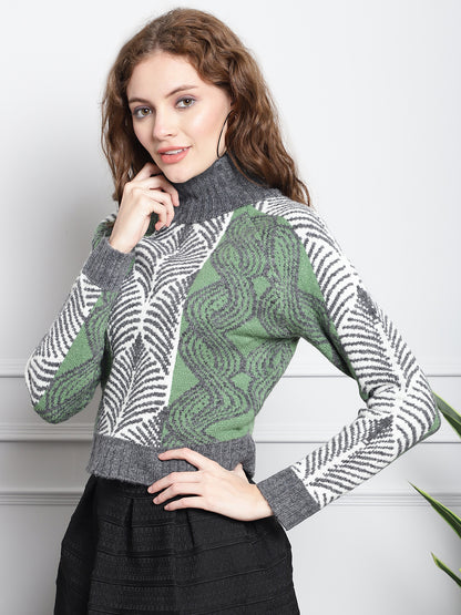 High-Neck printed Dark Green Sweater