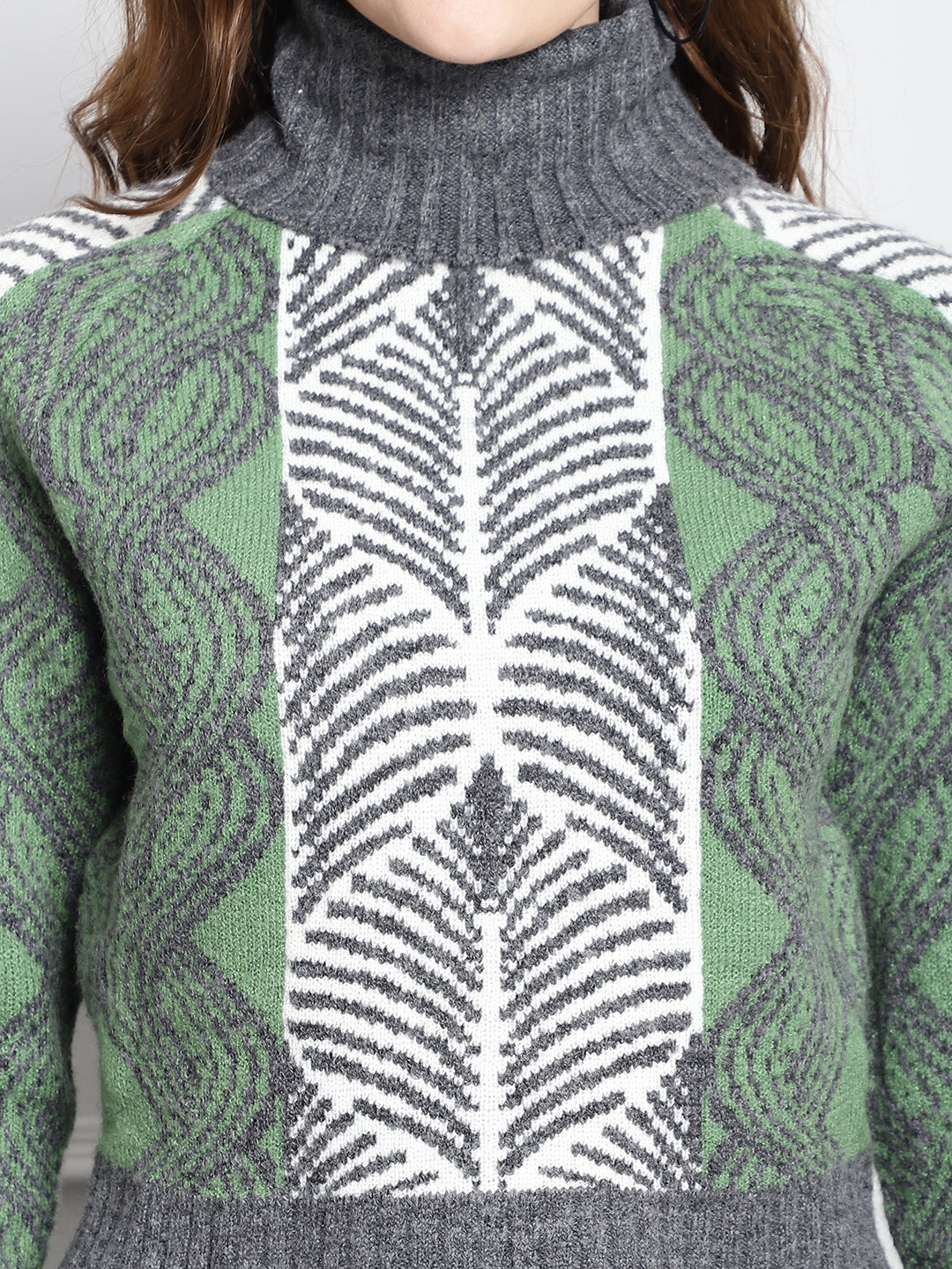 High-Neck printed Dark Green Sweater