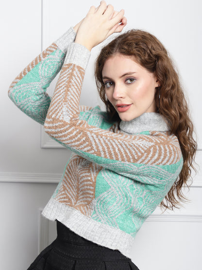 High-Neck printed light Green Sweater