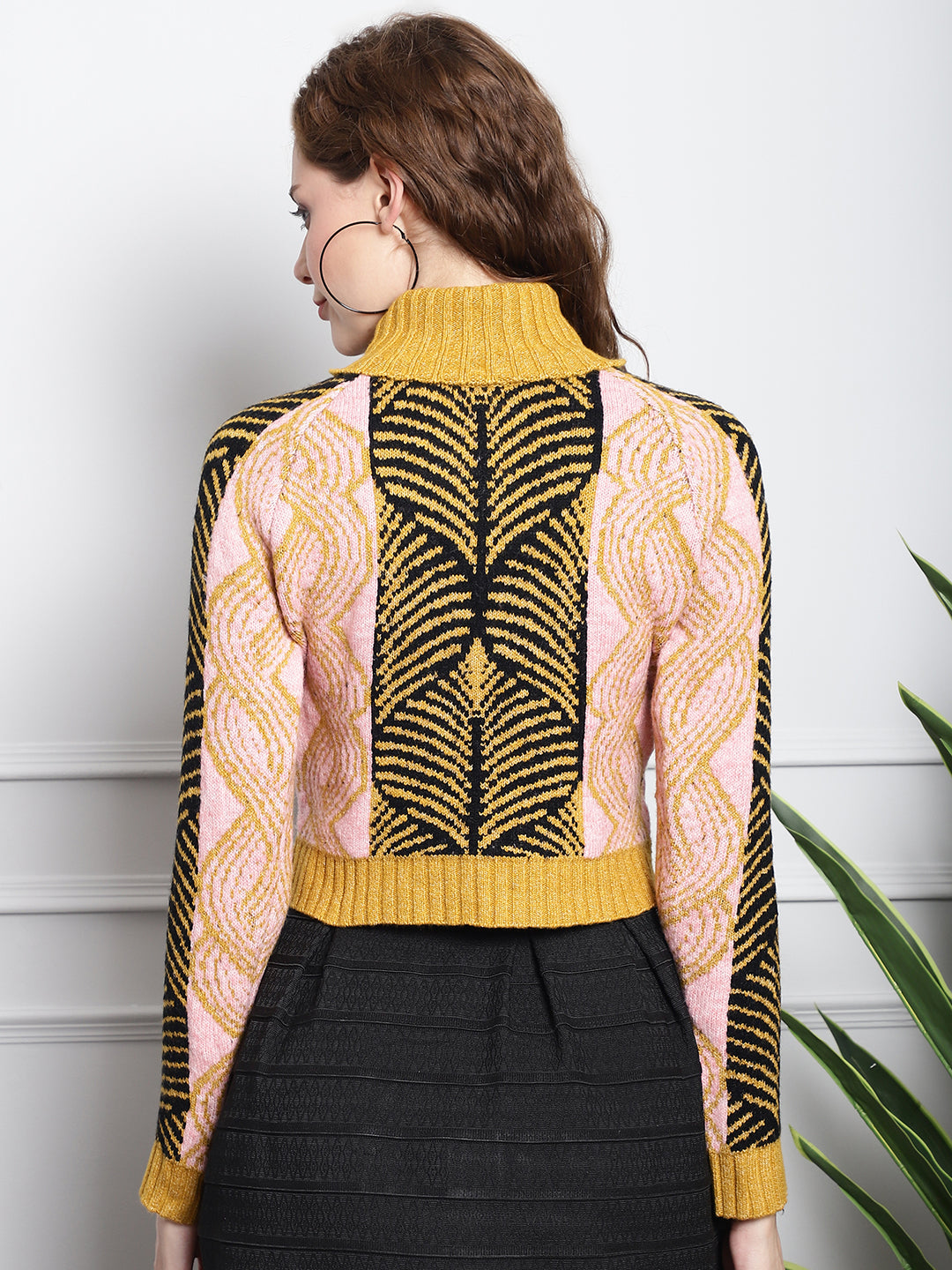 High-Neck printed Mustard Sweater