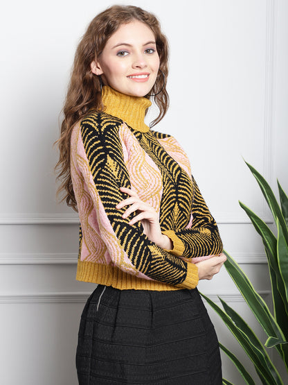 High-Neck printed Mustard Sweater