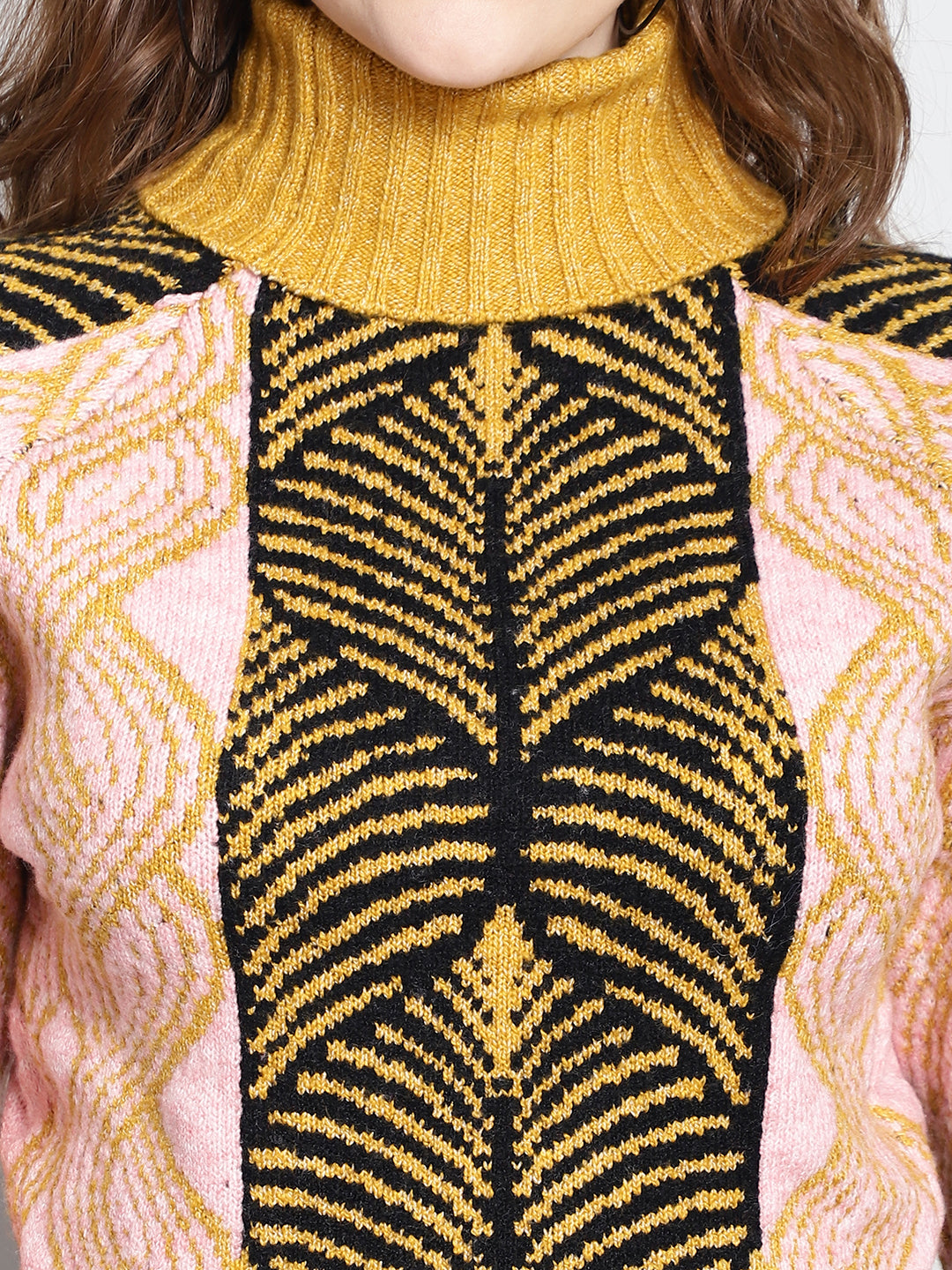 High-Neck printed Mustard Sweater