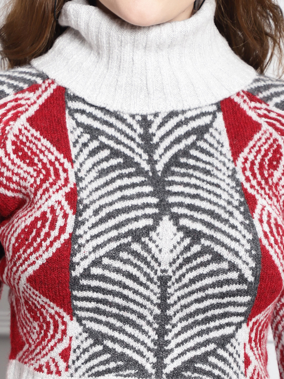 High-Neck printed Red Sweater