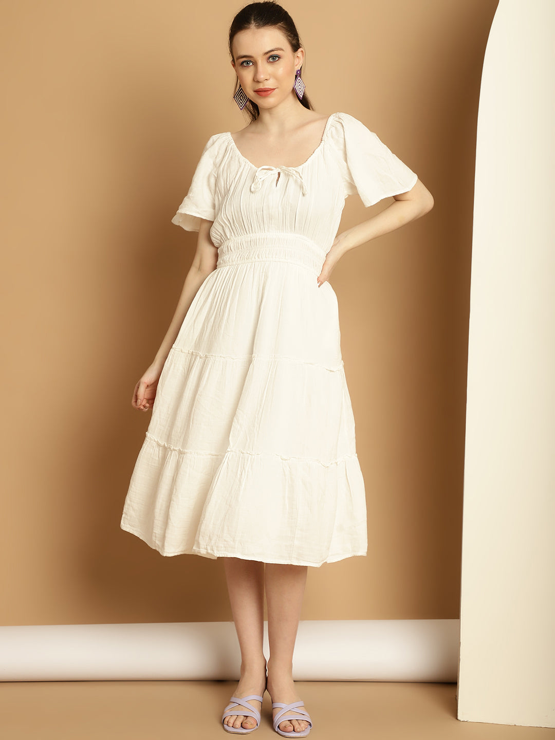 Round Neck Solid White Dress