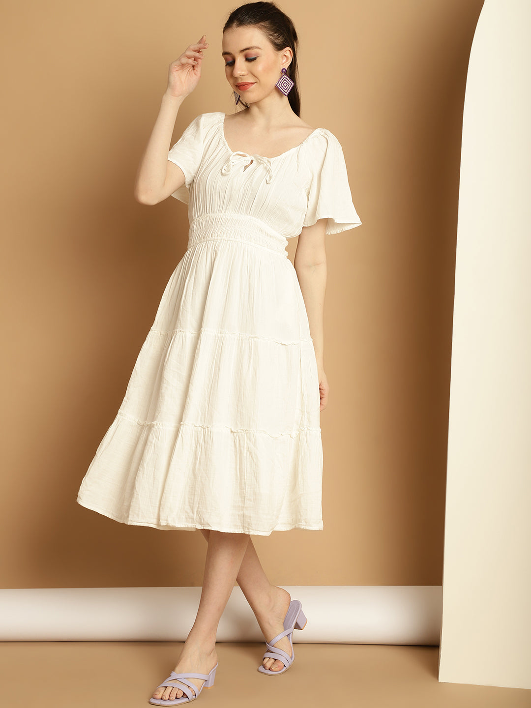 Round Neck Solid White Dress