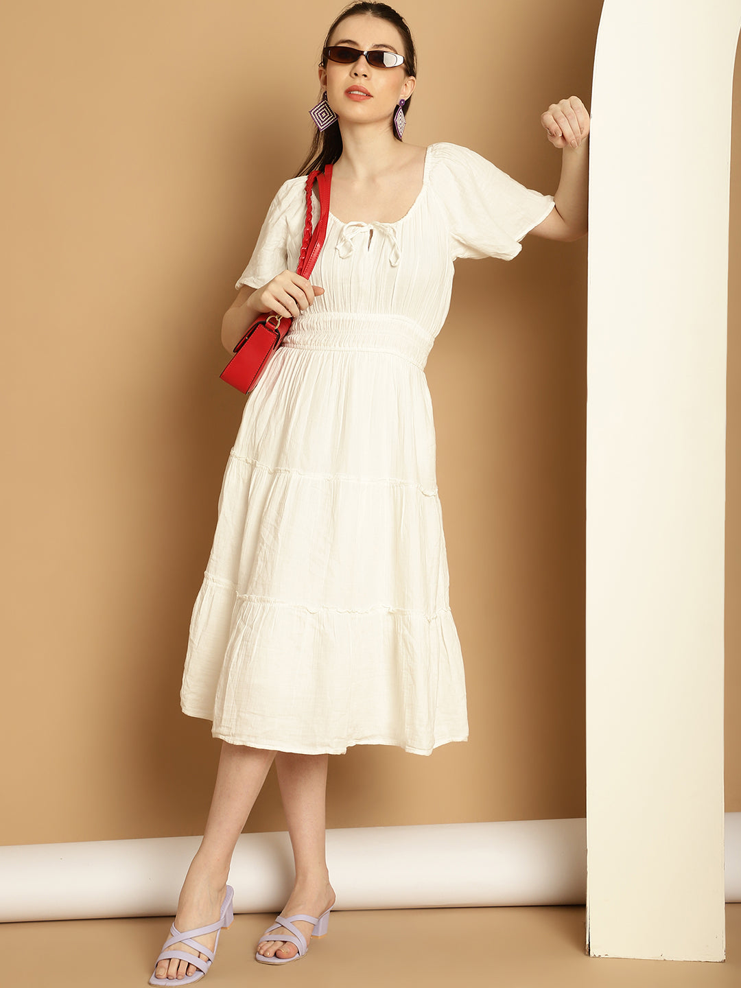 Round Neck Solid White Dress