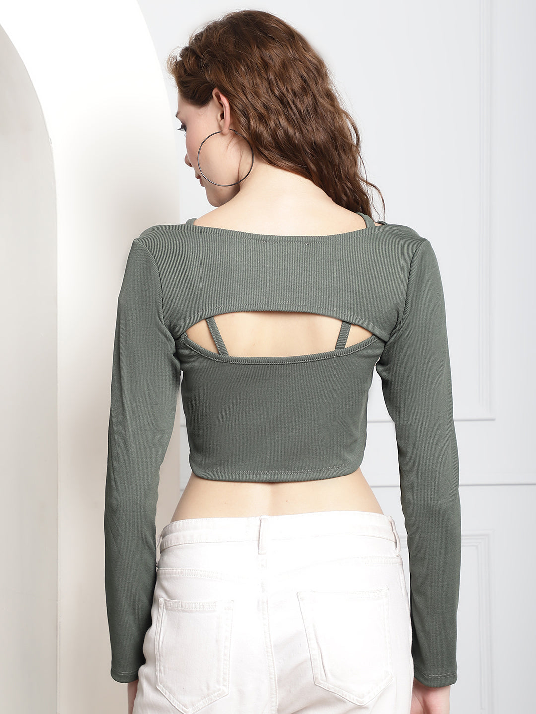 Polyester Cut-Out Full Sleeve Dark Green top