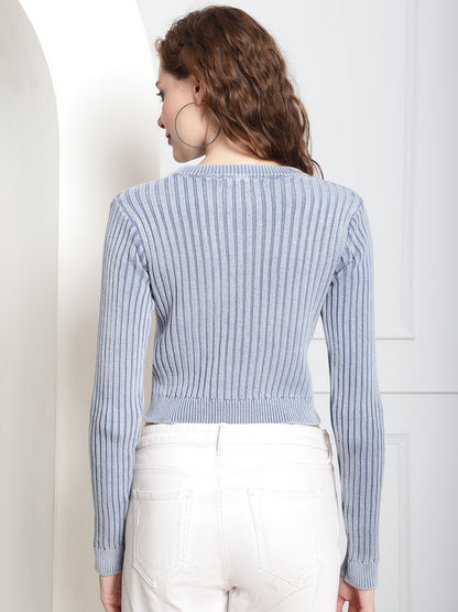 Cotton Full Sleeve Ribbed Round Neck Light Blue Sweater