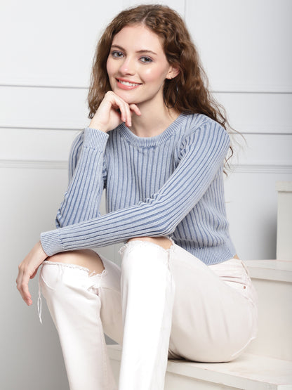 Cotton Full Sleeve Ribbed Round Neck Light Blue Sweater