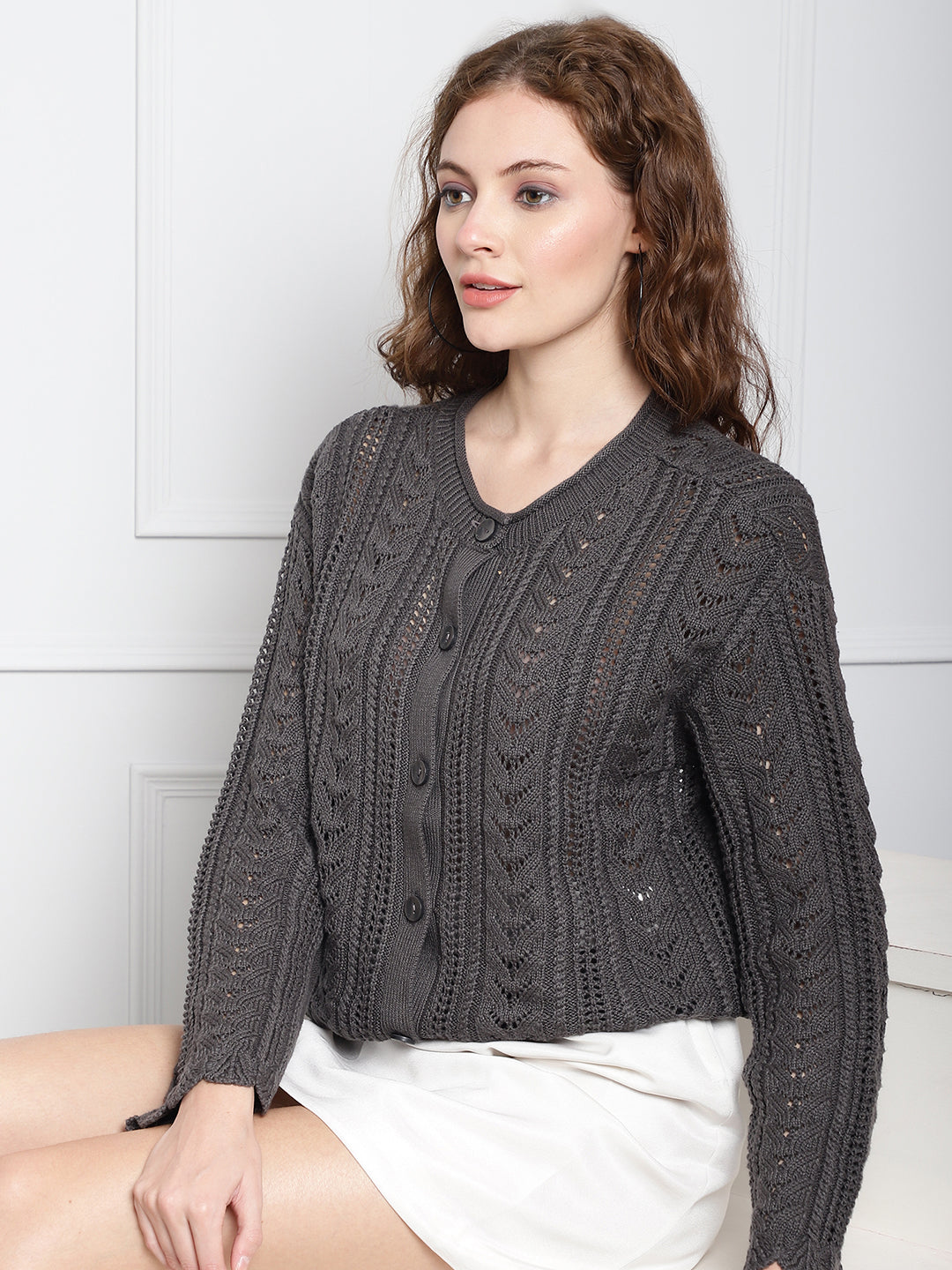 Button Closure Dark Grey Cardigan