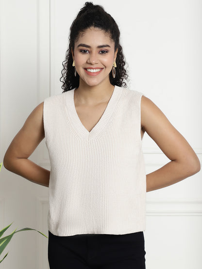 Beige Acrylic Knitted V-Neck Sweater Vest