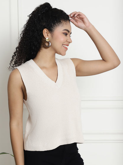 Beige Acrylic Knitted V-Neck Sweater Vest