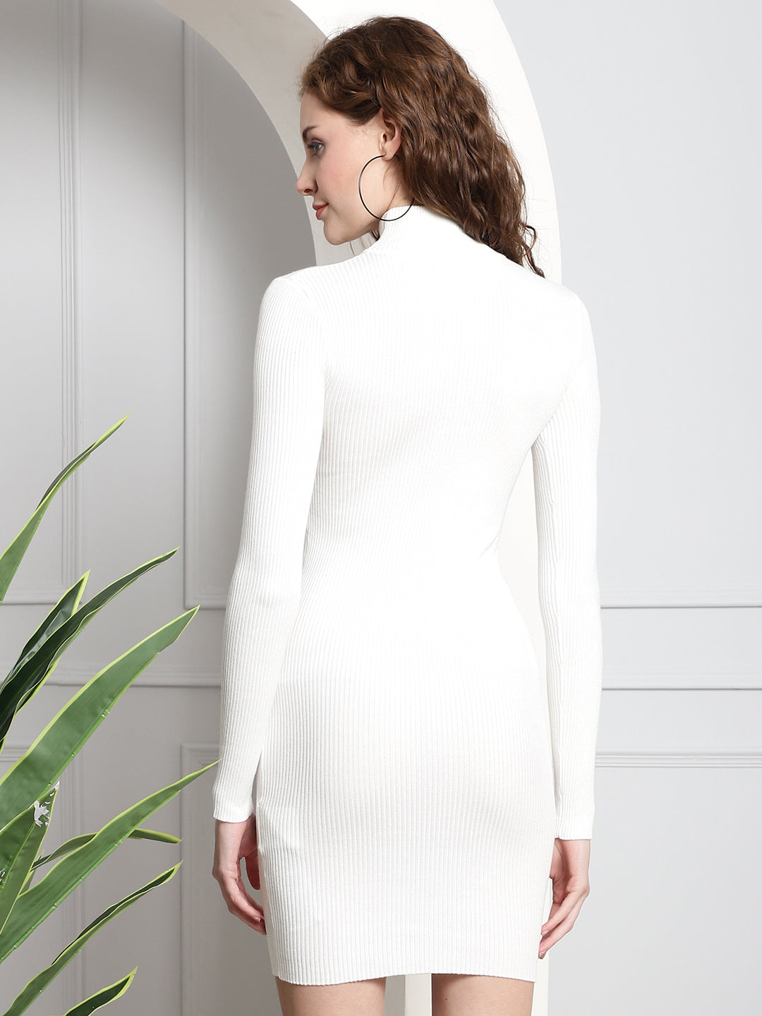 High-Neck knitted White Sweater Dress