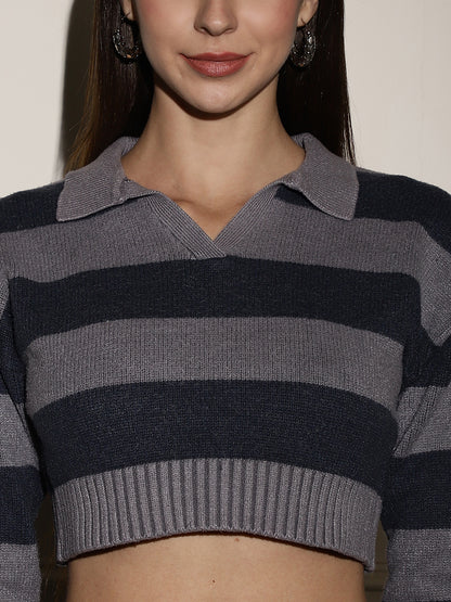 Dark Grey Striped Crop Sweater