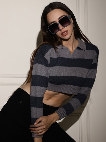 Dark Grey Striped Crop Sweater