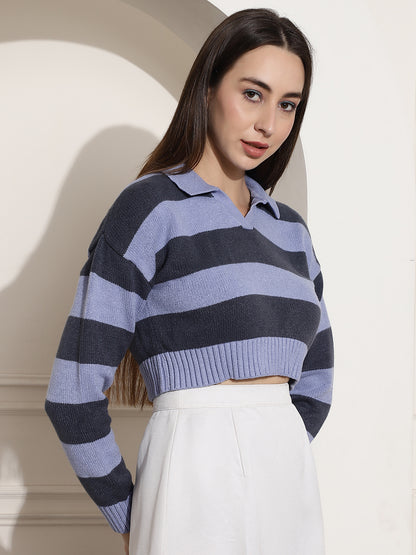 Purple Striped Crop Sweater