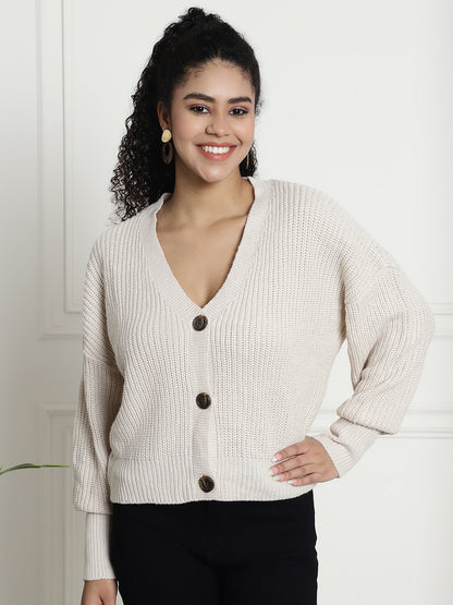 Rib-knit Open Front Buttons Closure Beige Cardigan