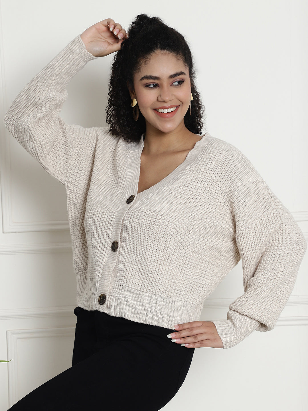 Rib-knit Open Front Buttons Closure Beige Cardigan